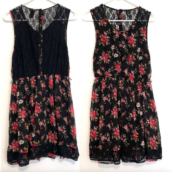 FOREVER 21 Black Red Floral / Sheer Black Lace Back Mini Fit Flare Dress NO BELT - Picture 2 of 16